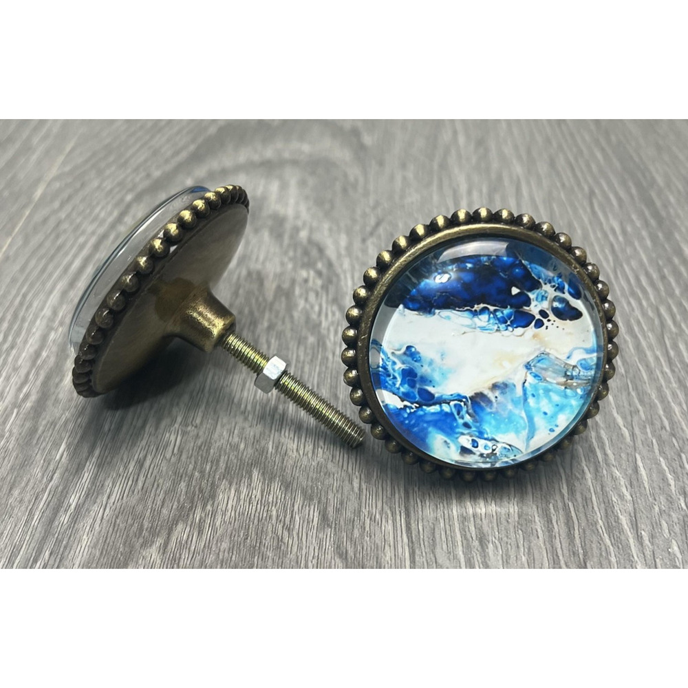 Set of 2 Round Blue White Dome Cabinet Knobs Drawer Pulls Antique Brass Marbled - Picture 3 of 9